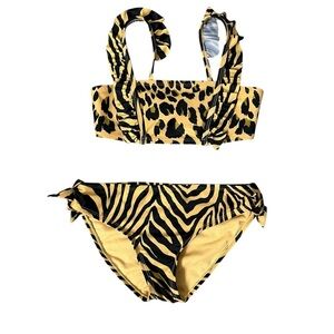 Breaking Waves Kids Swimwear Set in Black and Tan Animal Print